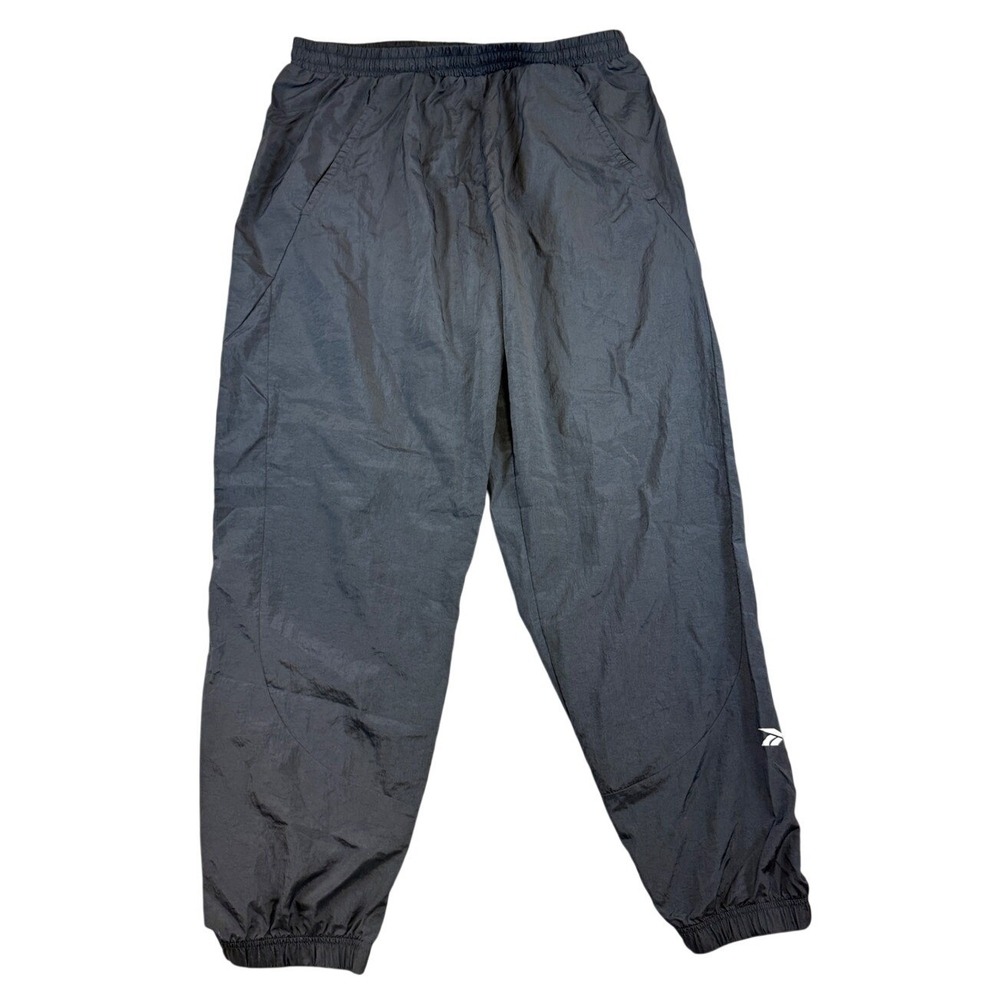 Reebok Mens Black Nylon Track Pants XL Elastic Waist Joggers Vector Logo Crinkle